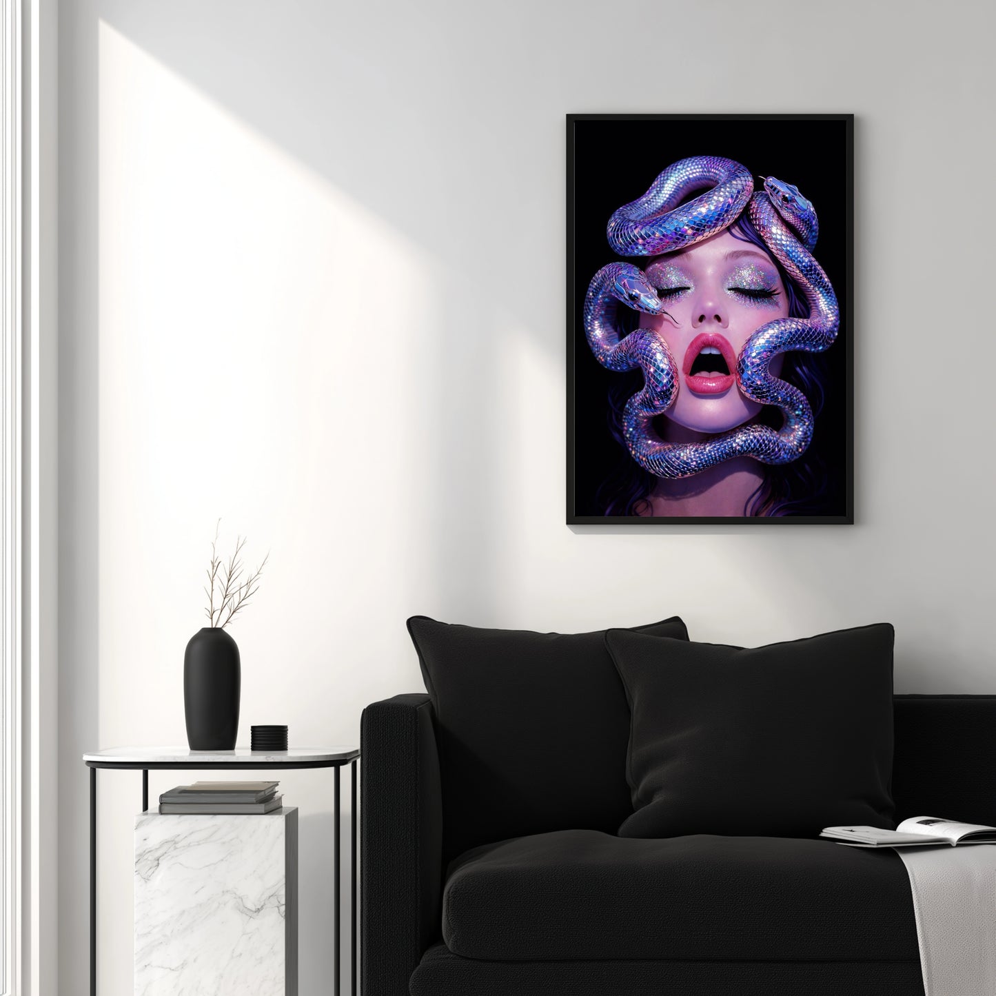 Oversized snake woman wall art canvas displayed in industrial loft living room as large contemporary statement artwork
