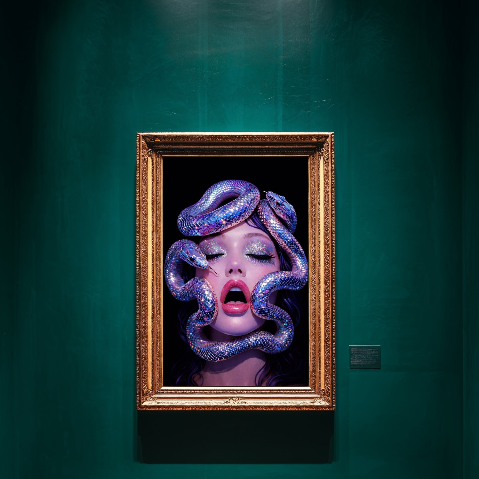 Modern serpent portrait wall art in ornate frame on deep red wall featuring surreal snake woman artwork with iridescent serpents and glitter makeup