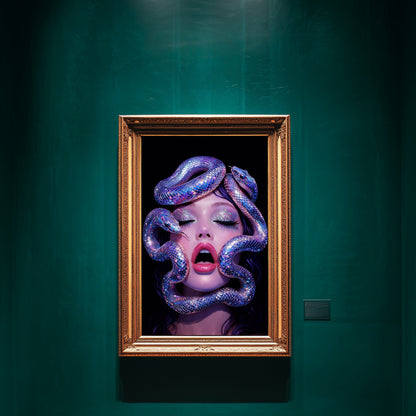 Modern serpent portrait wall art in ornate frame on deep red wall featuring surreal snake woman artwork with iridescent serpents and glitter makeup