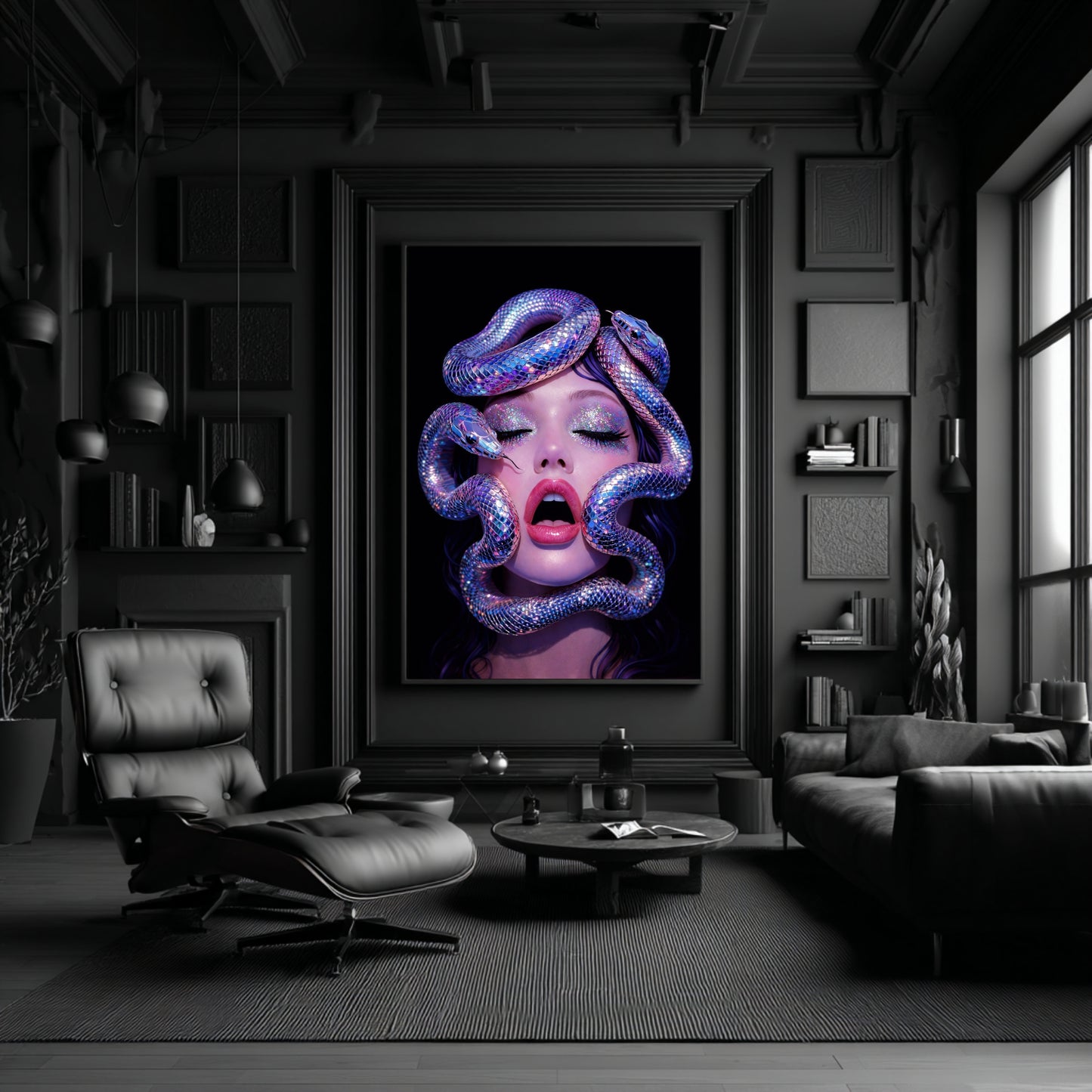 Surreal serpent woman wall art framed in black above dark shelf with candles creating high-contrast modern statement wall decor