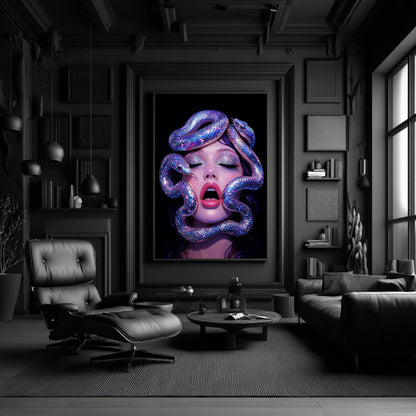 Surreal serpent woman wall art framed in black above dark shelf with candles creating high-contrast modern statement wall decor