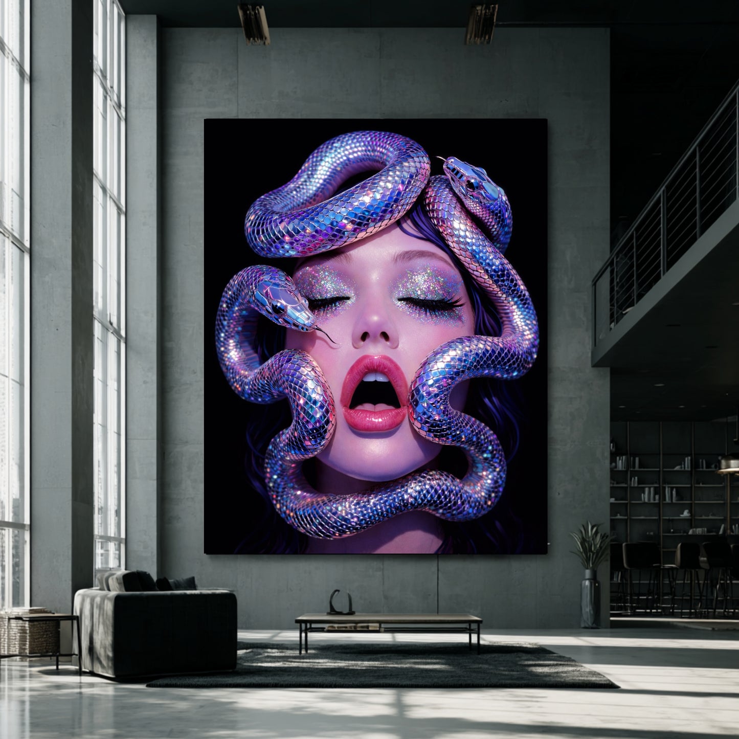 Oversized snake woman wall art canvas displayed in industrial loft living room as large contemporary statement artwork