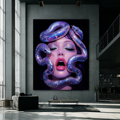 Oversized snake woman wall art canvas displayed in industrial loft living room as large contemporary statement artwork