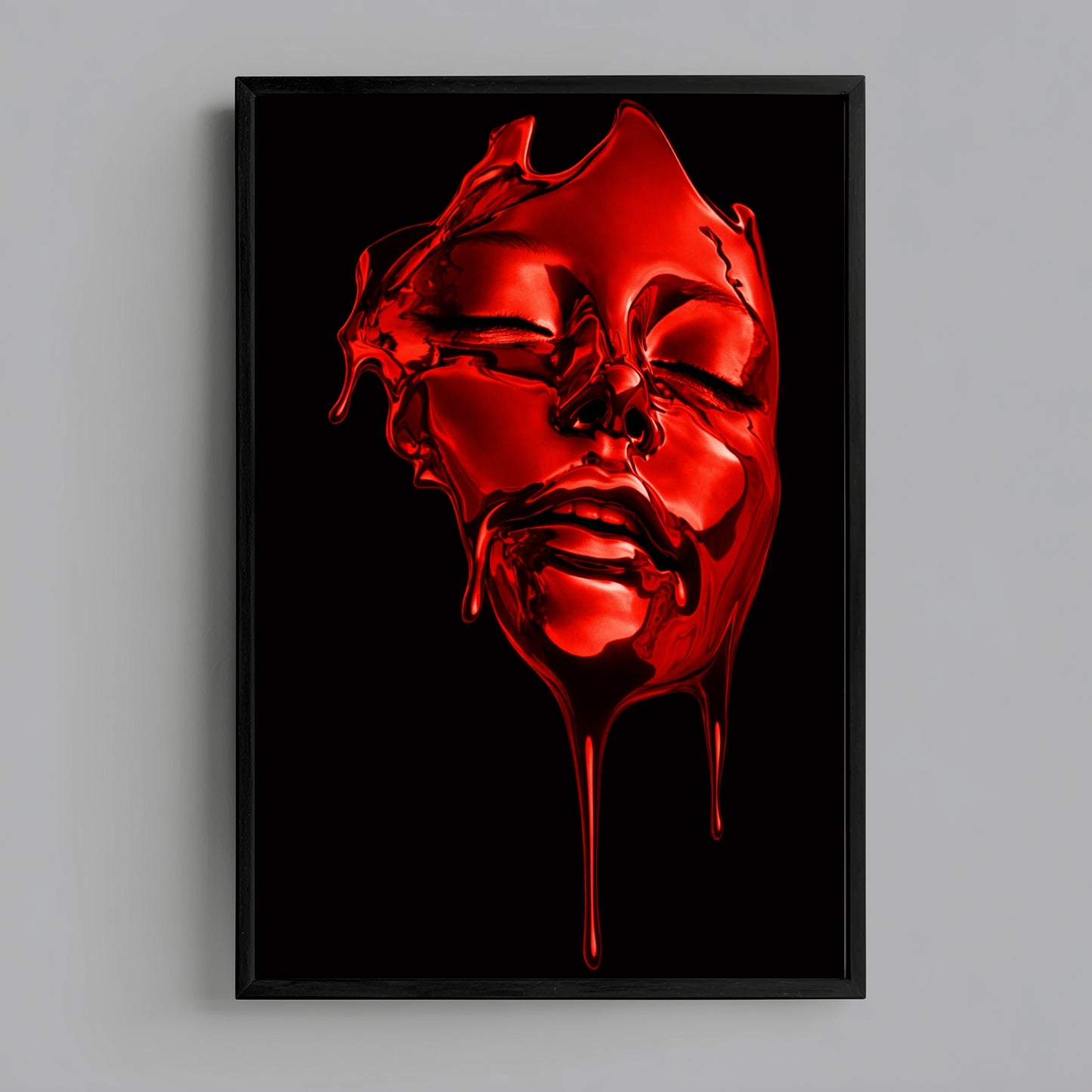 Red surreal face wall art abstract liquid portrait vertical black framed art print – modern contemporary abstract statement wall decor