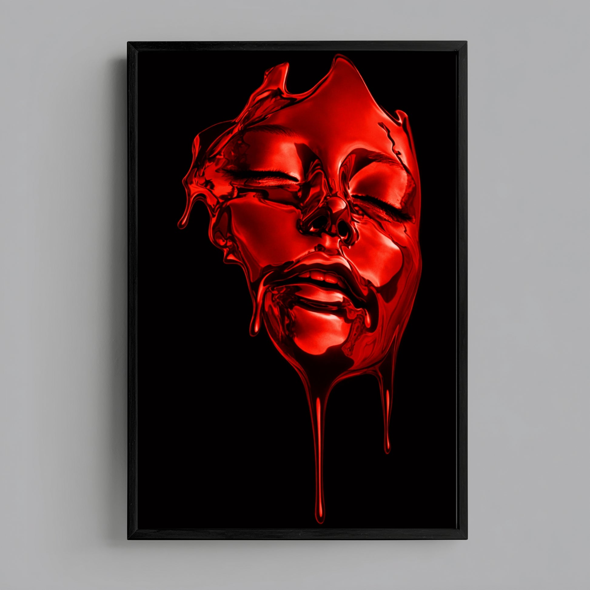 Red surreal face wall art abstract liquid portrait vertical black framed art print – modern contemporary abstract statement wall decor