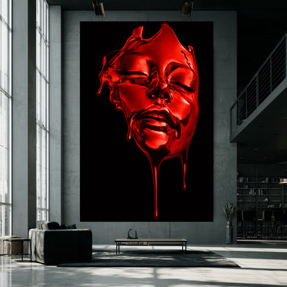 Oversized red surreal face wall art abstract liquid portrait displayed in industrial loft living room – large modern abstract wall decor statement piece