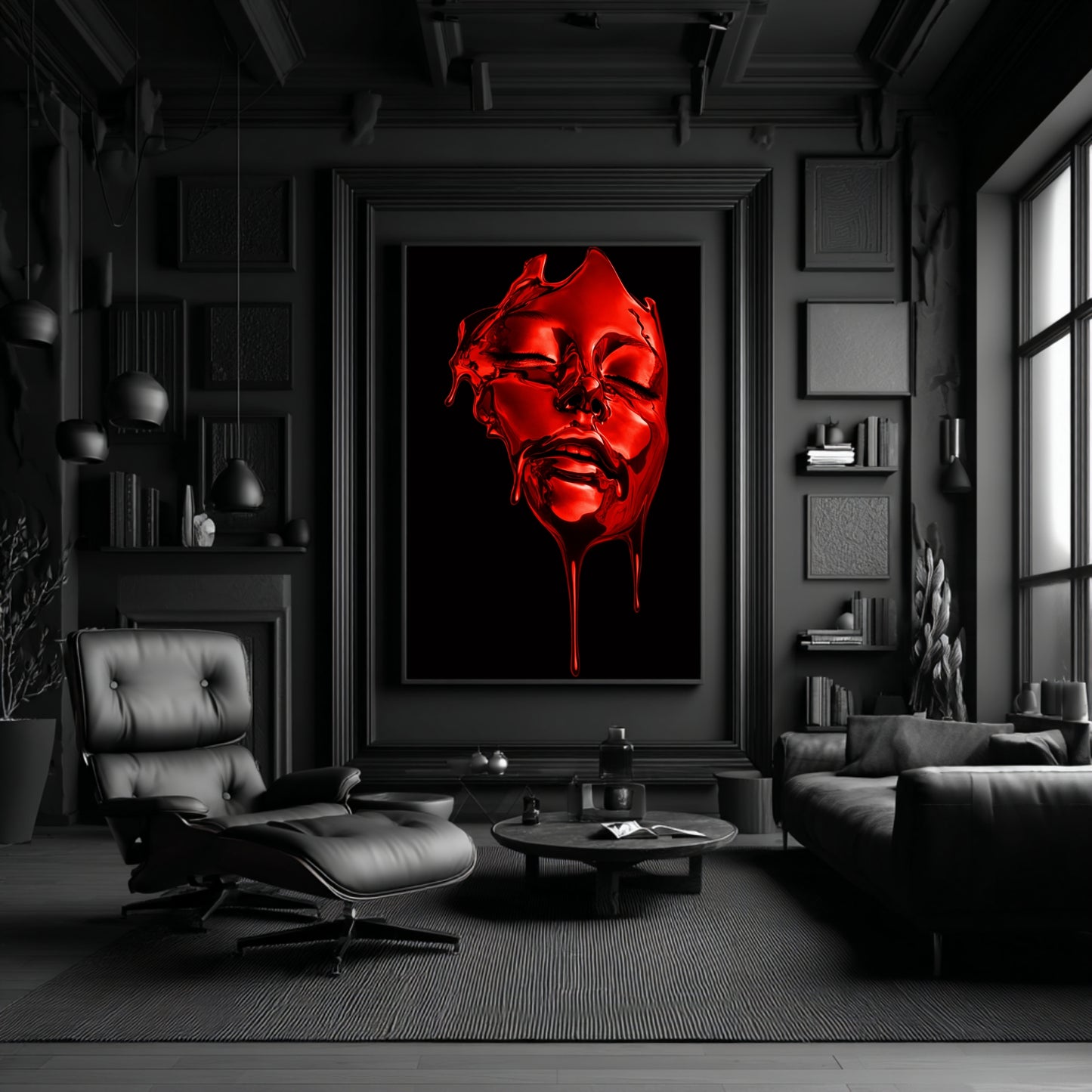 Large red surreal face wall art abstract liquid portrait displayed in dark modern living room – oversized contemporary statement wall decor for luxury interior spaces