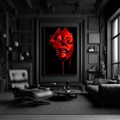 Large red surreal face wall art abstract liquid portrait displayed in dark modern living room – oversized contemporary statement wall decor for luxury interior spaces