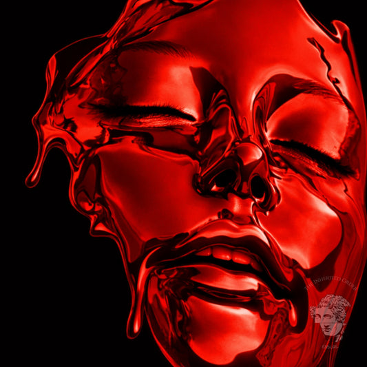 Red surreal face wall art abstract liquid portrait extreme close up high gloss red liquid texture – modern surreal abstract art print detail