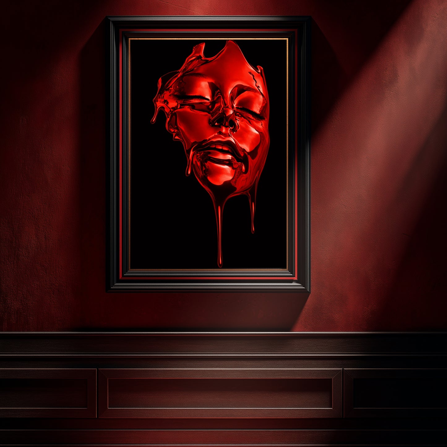 Red surreal face wall art abstract liquid portrait in black frame on deep red wall with dramatic lighting – contemporary surreal statement wall art for modern home decor