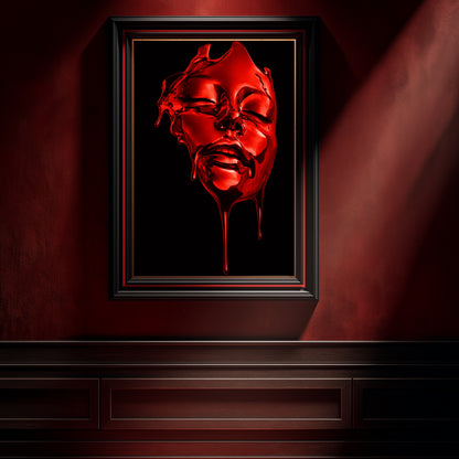 Red surreal face wall art abstract liquid portrait in black frame on deep red wall with dramatic lighting – contemporary surreal statement wall art for modern home decor