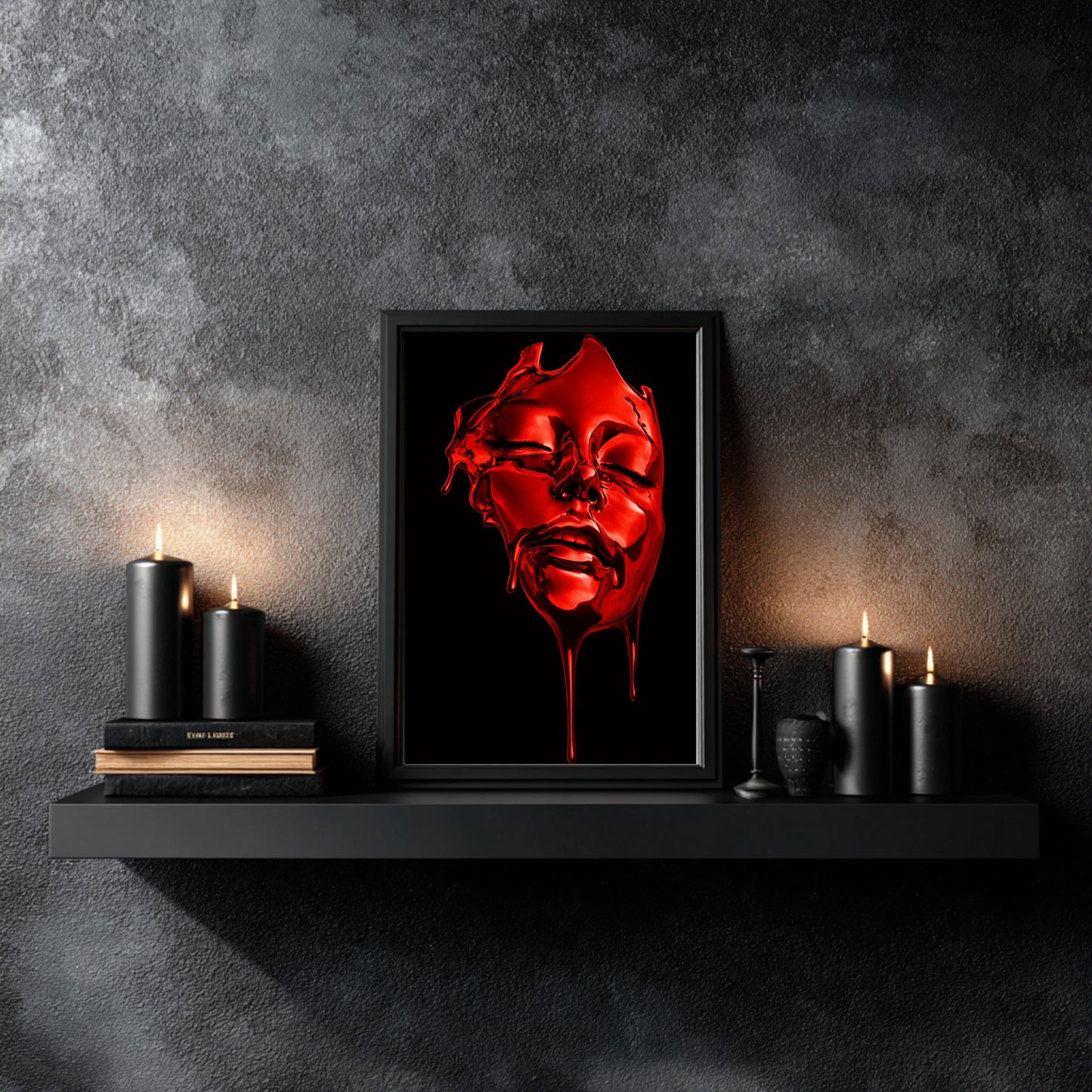 Red surreal face wall art abstract liquid portrait framed on black shelf with candles – modern abstract wall decor for living room, office, or studio interior