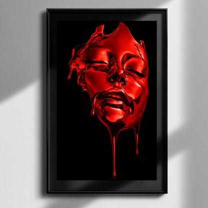 Red surreal face wall art abstract liquid portrait in black frame on light textured wall with shadows – modern abstract statement wall art for minimalist interior