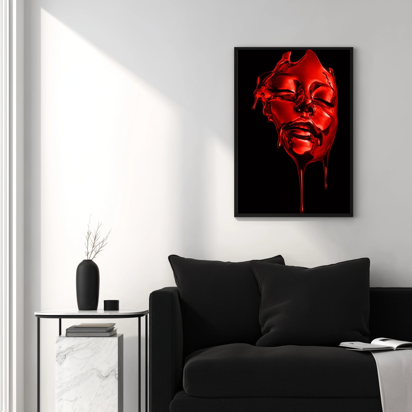 Red surreal face wall art abstract liquid portrait vertical framed artwork on white wall above black sofa – contemporary abstract statement wall decor
