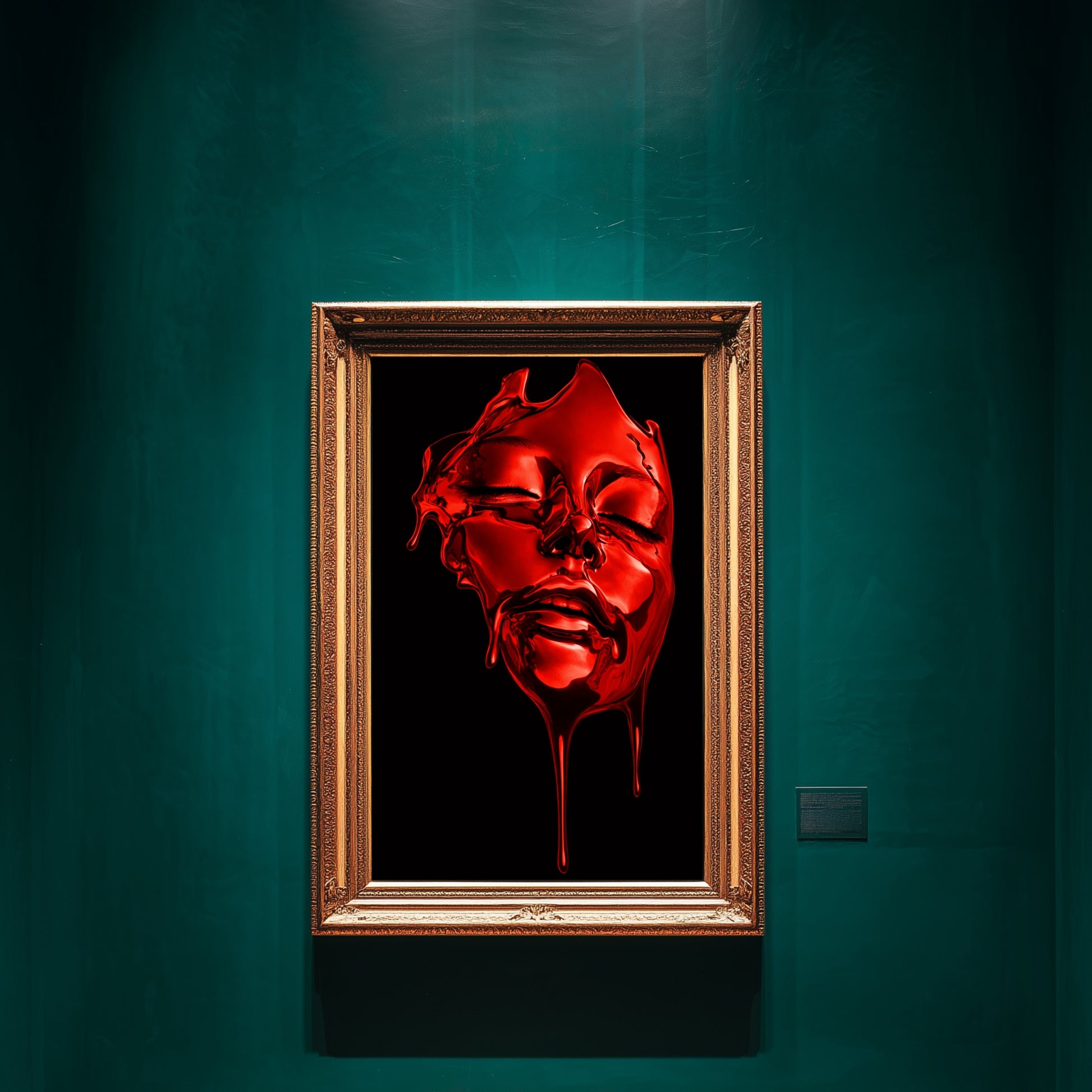 Red surreal face wall art abstract liquid portrait in gold ornate frame displayed on teal gallery wall – modern abstract statement wall decor for luxury interior design