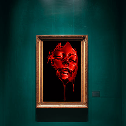 Red surreal face wall art abstract liquid portrait in gold ornate frame displayed on teal gallery wall – modern abstract statement wall decor for luxury interior design