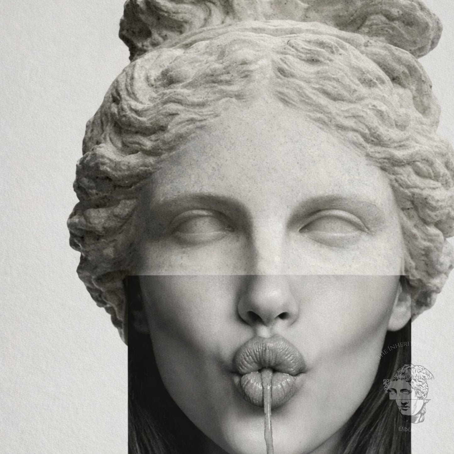 Surreal classical statue wall art styled above black sofa in minimalist living room – contemporary monochrome wall decor