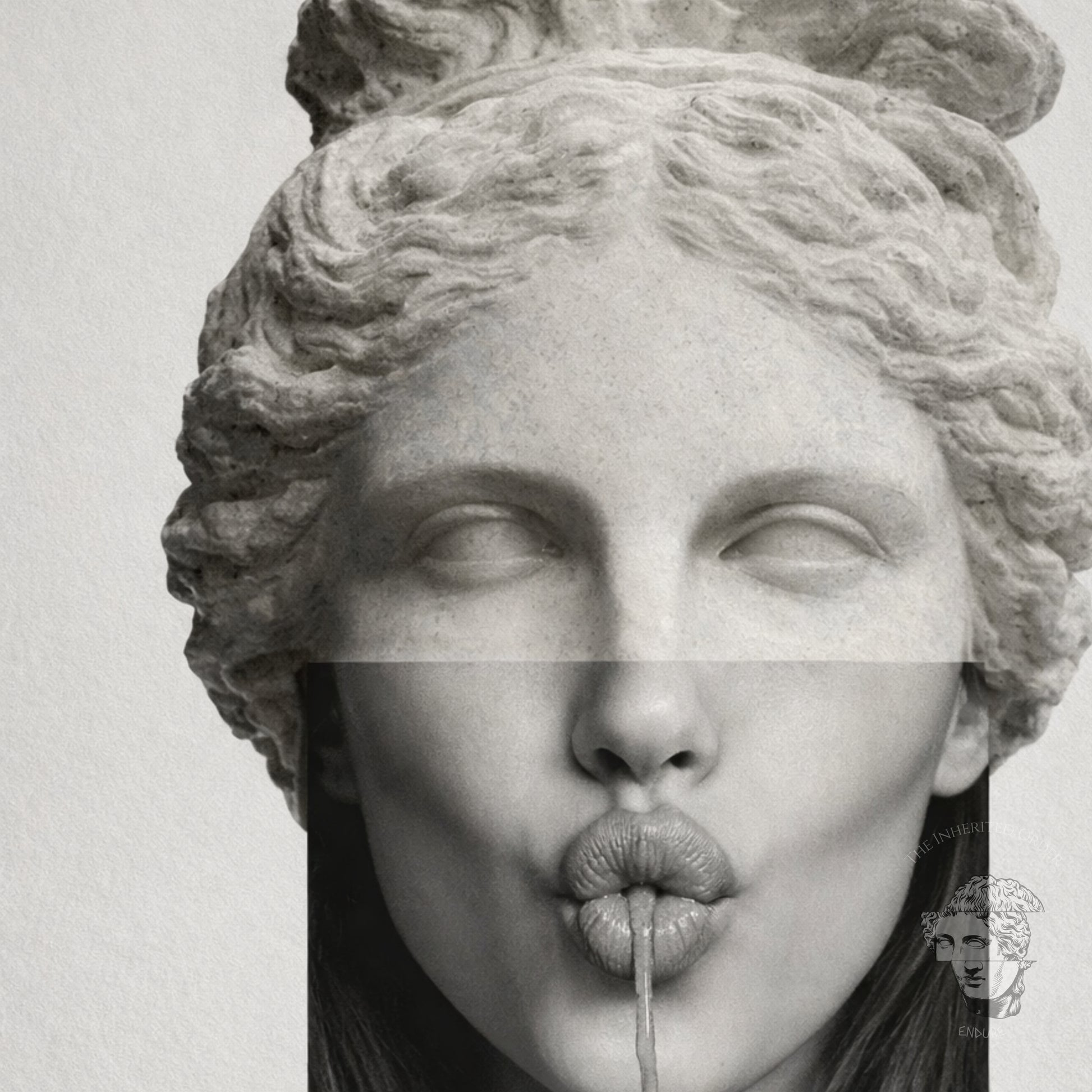 Surreal classical statue wall art styled above black sofa in minimalist living room – contemporary monochrome wall decor