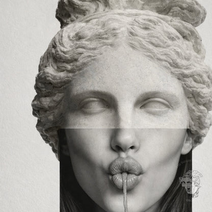 Surreal classical statue wall art styled above black sofa in minimalist living room – contemporary monochrome wall decor