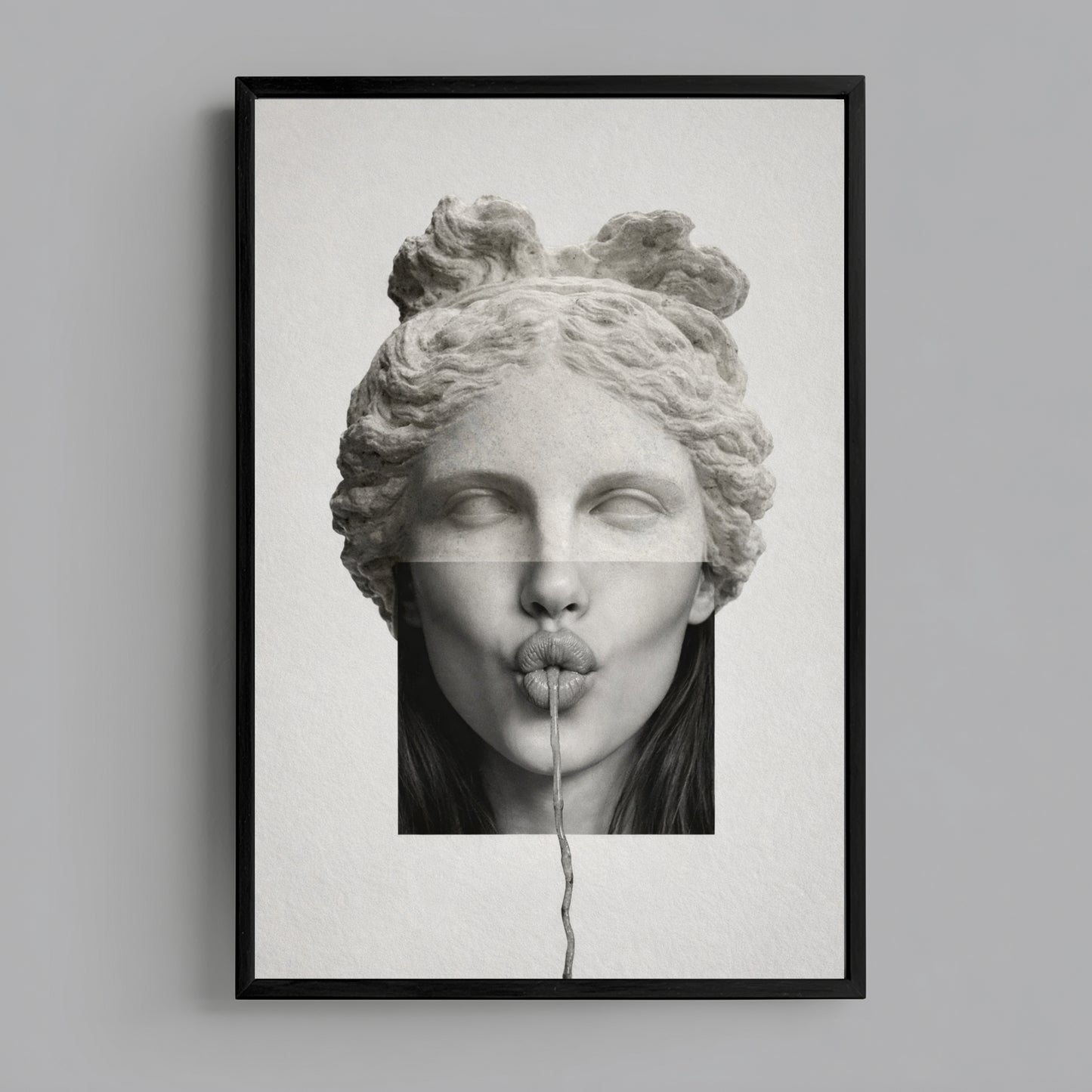 Surreal classical statue wall art in black frame on neutral wall – high contrast modern minimalist statement print