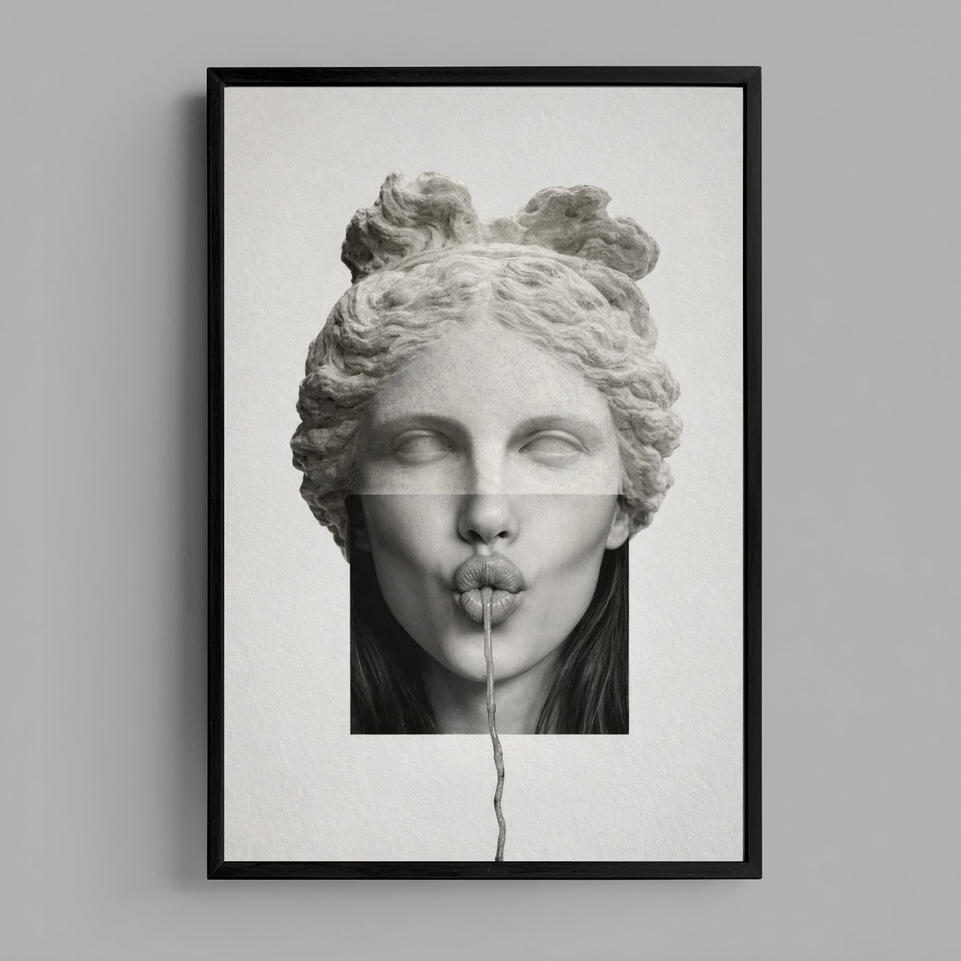 Surreal classical statue wall art in black frame on neutral wall – high contrast modern minimalist statement print