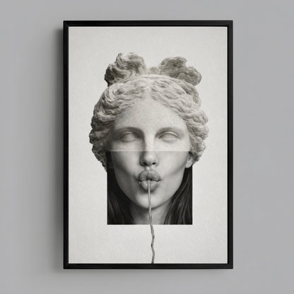 Surreal classical statue wall art in black frame on neutral wall – high contrast modern minimalist statement print