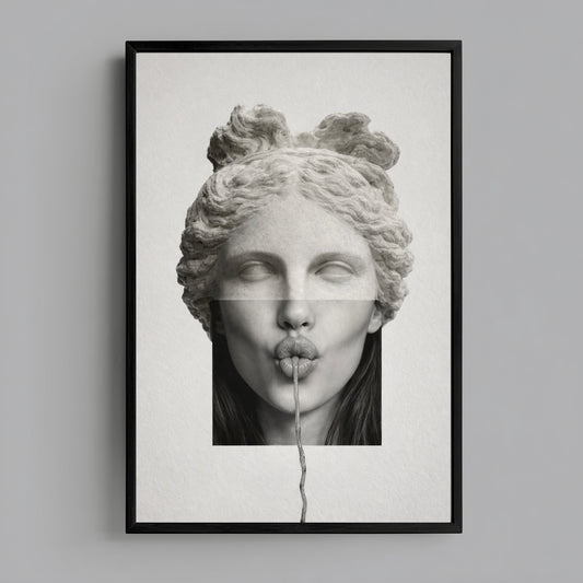 Surreal classical statue wall art in black frame on neutral wall – high contrast modern minimalist statement print