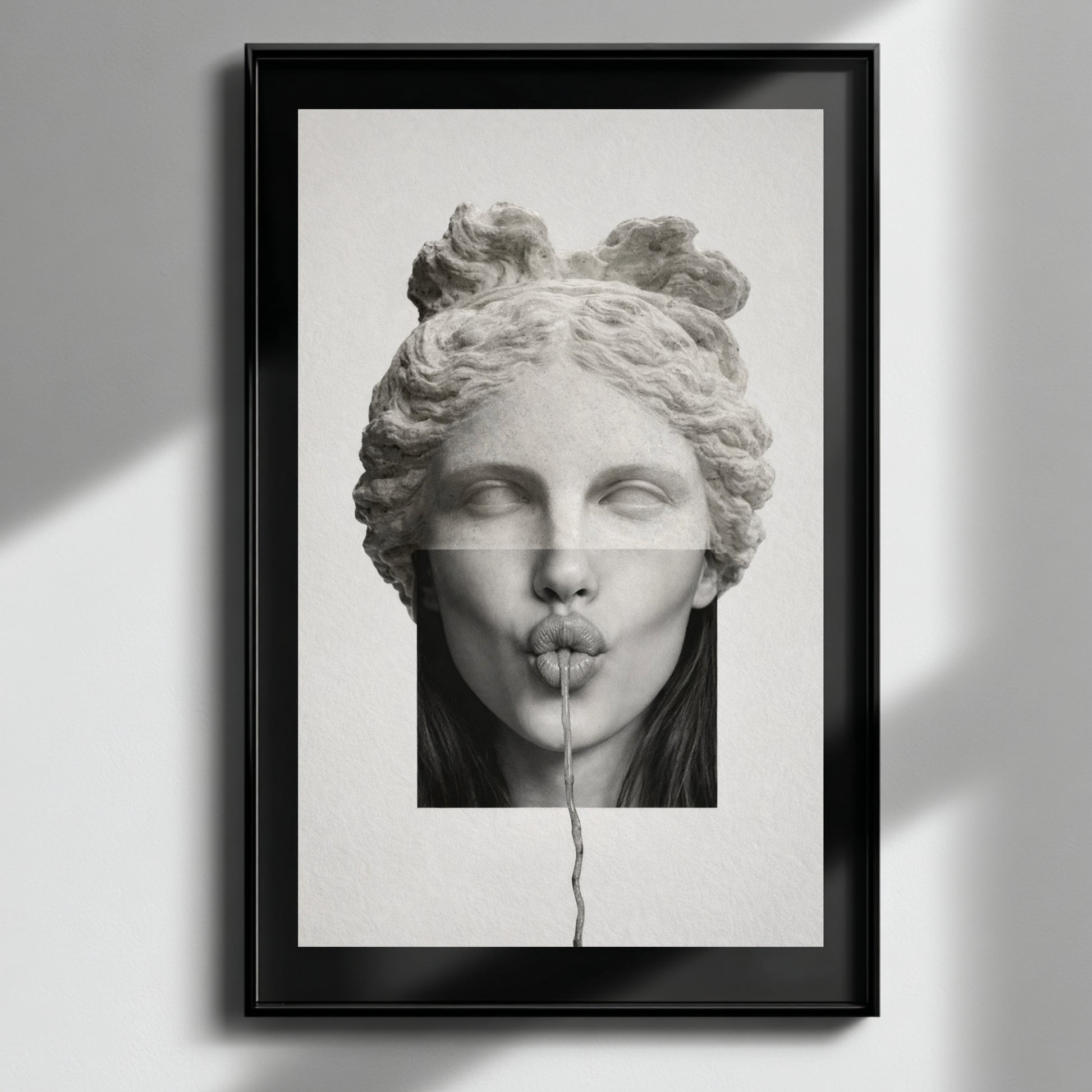 Surreal classical statue wall art in black frame on textured charcoal wall – modern black and white portrait artwork
