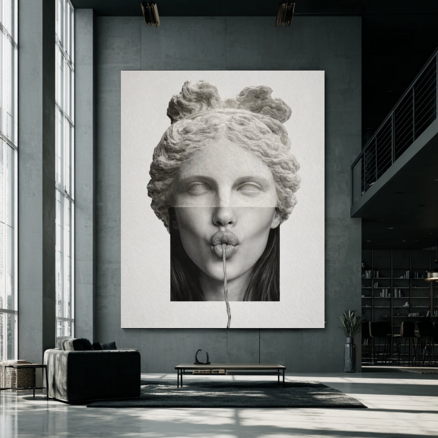 Surreal classical statue wall art in black frame with natural light shadows – minimalist contemporary wall decor