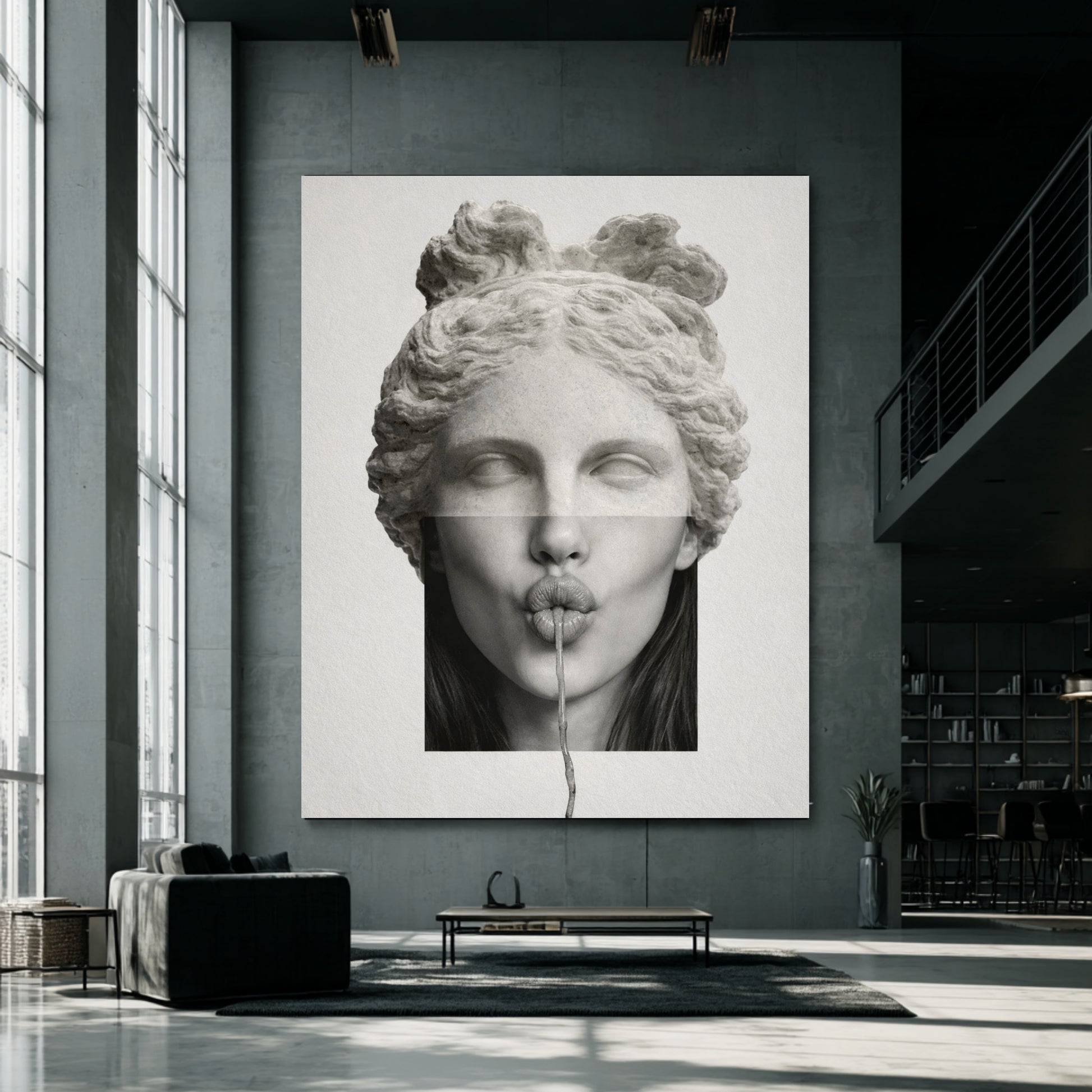 Surreal classical statue wall art in black frame with natural light shadows – minimalist contemporary wall decor