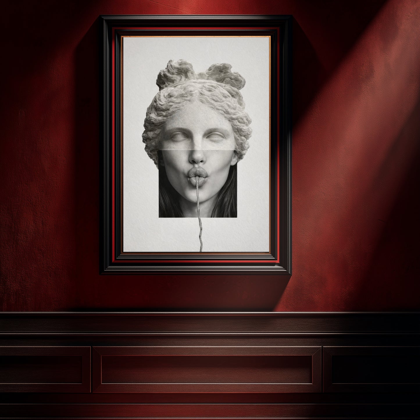 Surreal classical statue wall art in black frame on red textured wall with spotlight – high contrast minimalist statement art print