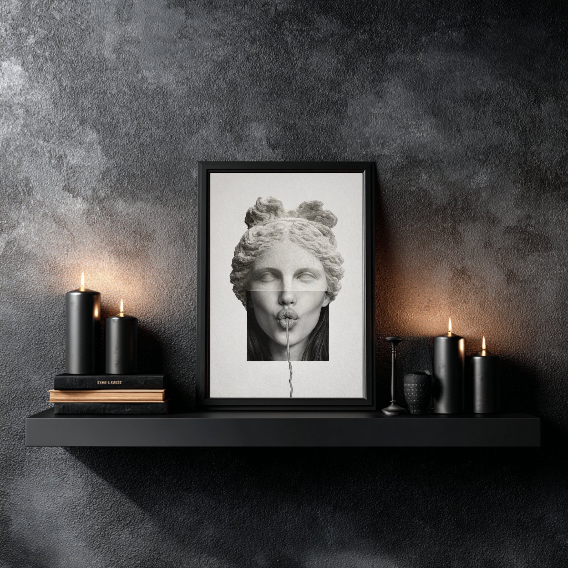 Surreal classical statue wall art as large vertical statement piece in dark modern living room interior