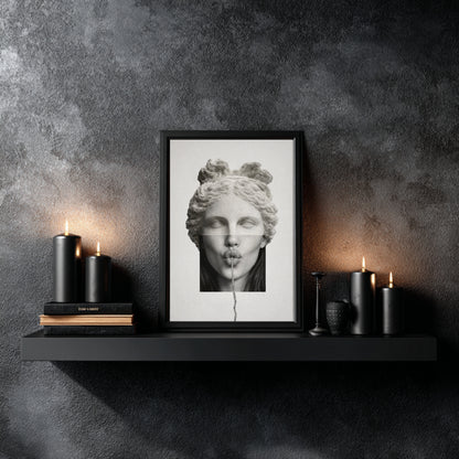 Surreal classical statue wall art as large vertical statement piece in dark modern living room interior