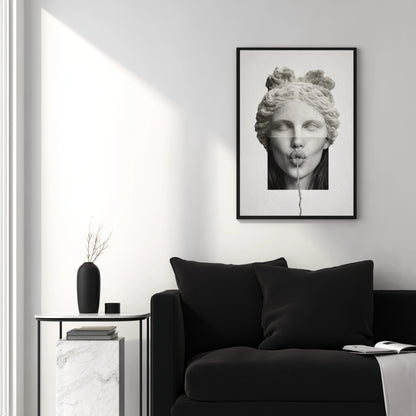 Surreal classical statue wall art styled above black sofa in minimalist living room – contemporary monochrome wall decor