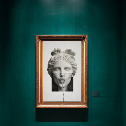 Surreal classical statue wall art displayed in gold ornate frame on deep emerald gallery wall – modern minimalist portrait art print