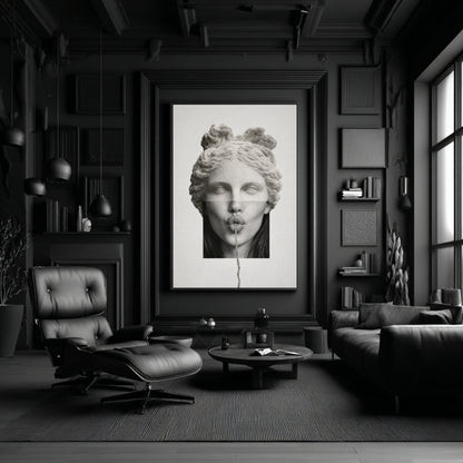 Surreal classical statue wall art as large vertical statement piece in dark modern living room interior