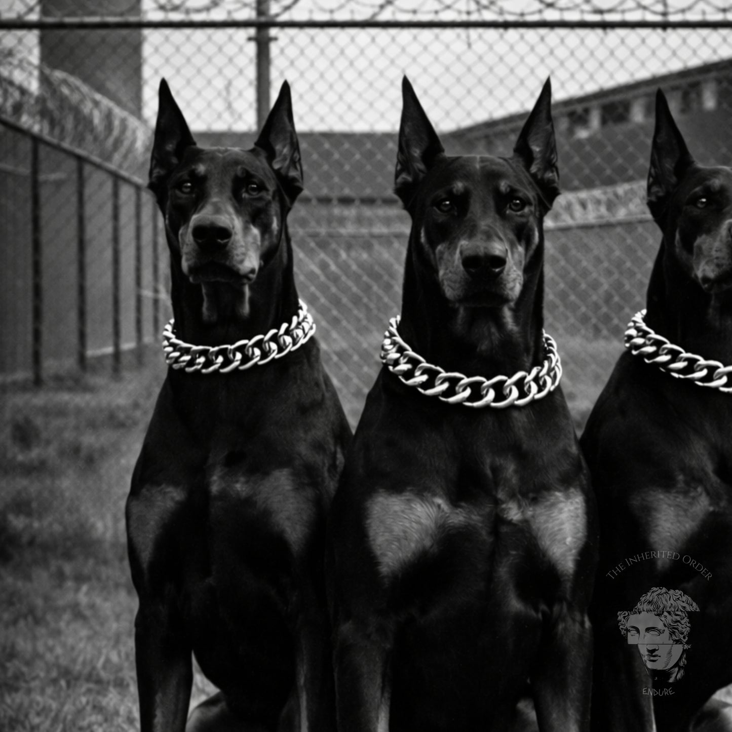 Black and white photo of three Doberman dogs wearing chain collars, seated in formation, bold guard dog wall art print