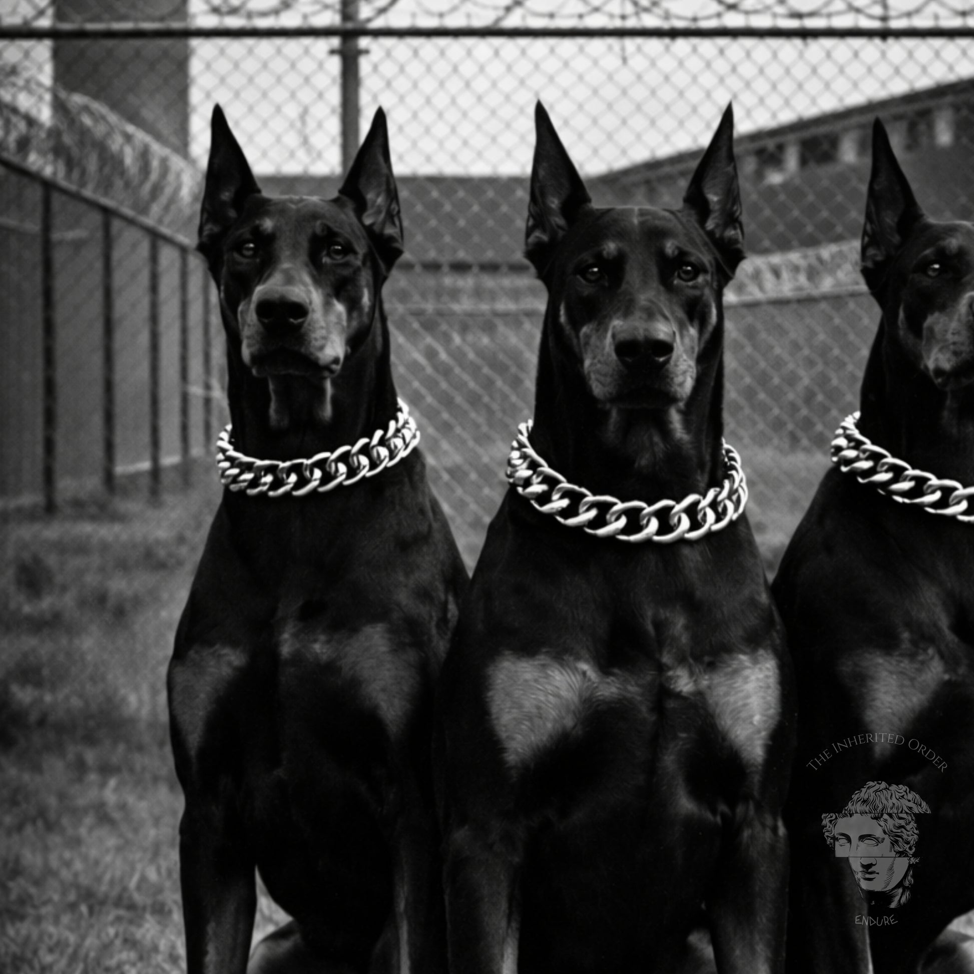 Black and white photo of three Doberman dogs wearing chain collars, seated in formation, bold guard dog wall art print