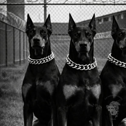 Black and white photo of three Doberman dogs wearing chain collars, seated in formation, bold guard dog wall art print