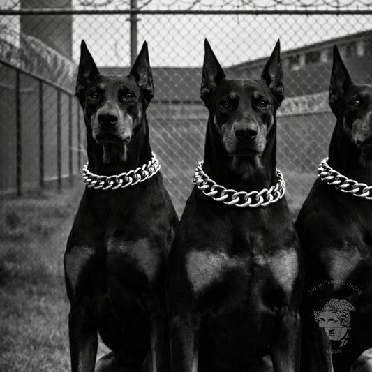 Black and white photo of three Doberman dogs wearing chain collars, seated in formation, bold guard dog wall art print