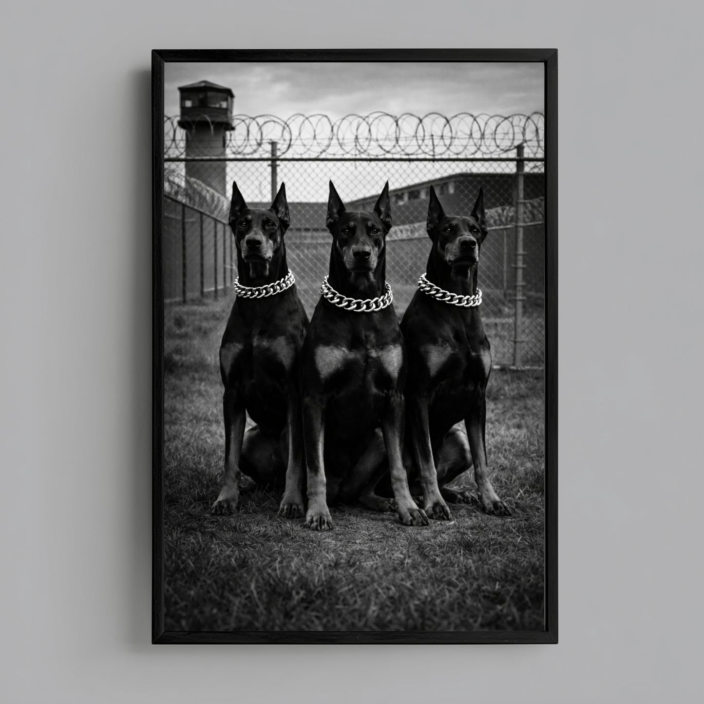 Framed black and white Doberman trio wall art on gray wall, minimalist monochrome dog photography statement print
