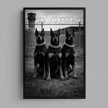 Framed black and white Doberman trio wall art on gray wall, minimalist monochrome dog photography statement print