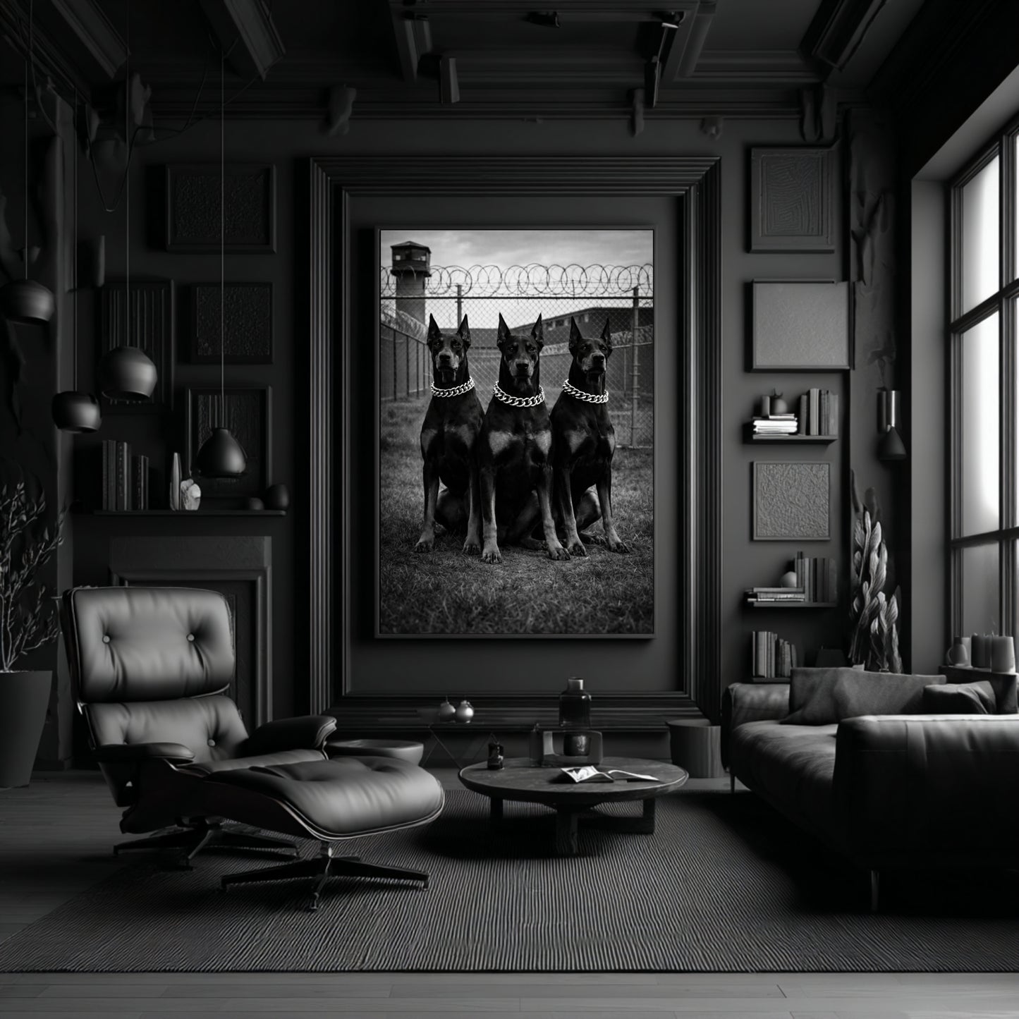 Black and white Doberman trio wall art in moody luxury living room, statement guard dog print above modern seating