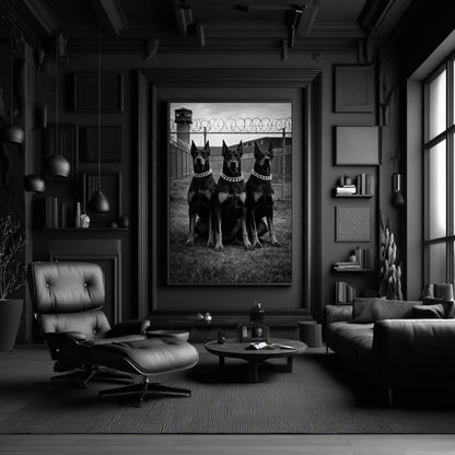Black and white Doberman trio wall art in moody luxury living room, statement guard dog print above modern seating