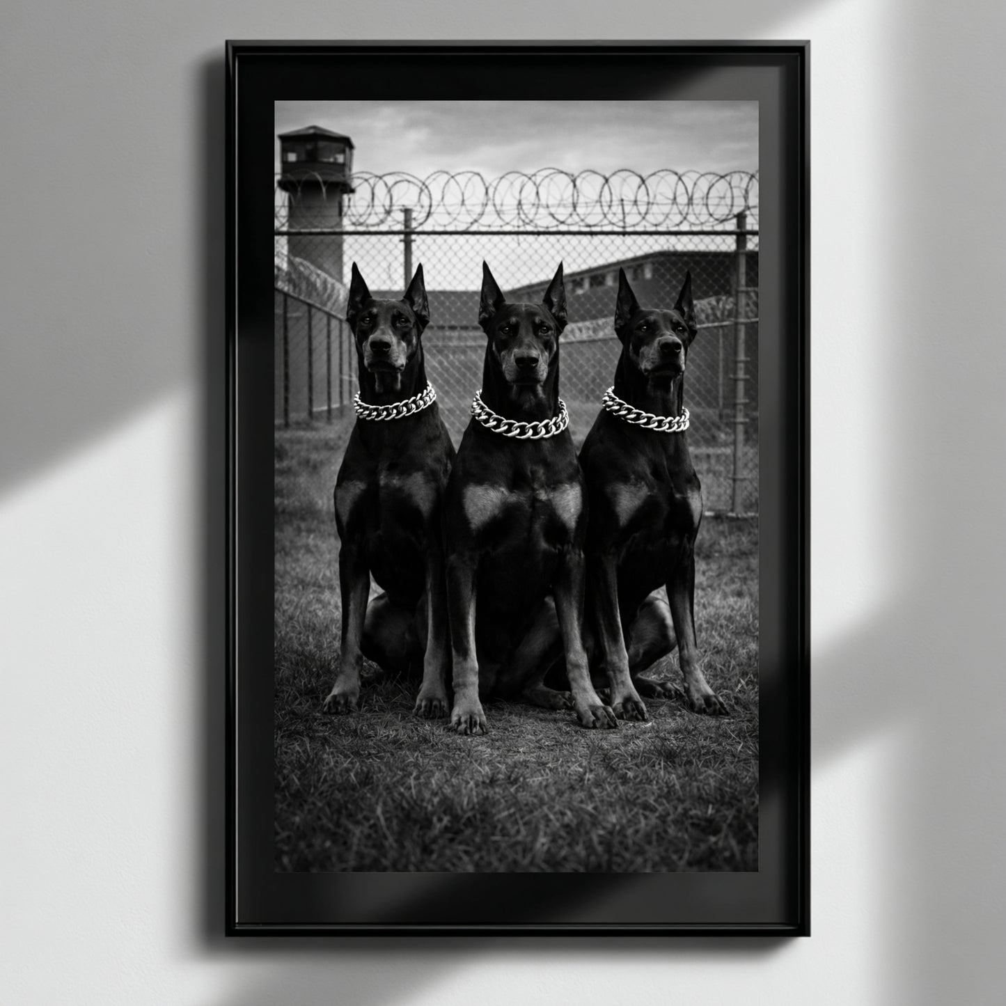 Black and white Doberman guard dog wall art in glossy black frame on white wall with soft sunlight, modern decor