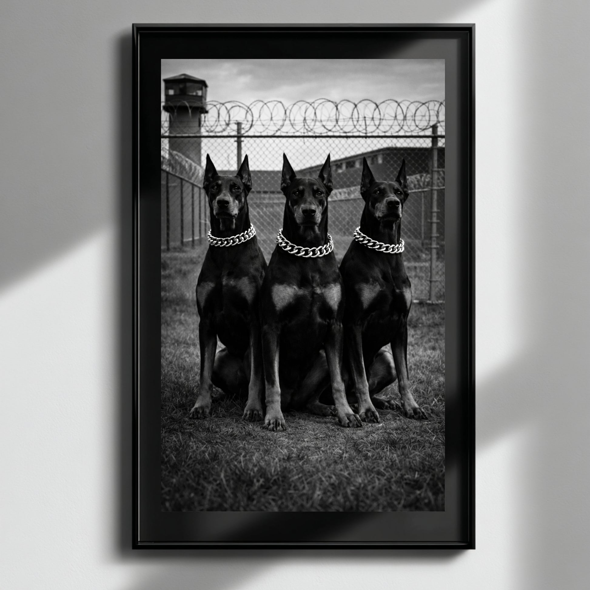 Black and white Doberman guard dog wall art in glossy black frame on white wall with soft sunlight, modern decor