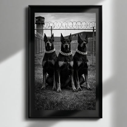 Black and white Doberman guard dog wall art in glossy black frame on white wall with soft sunlight, modern decor