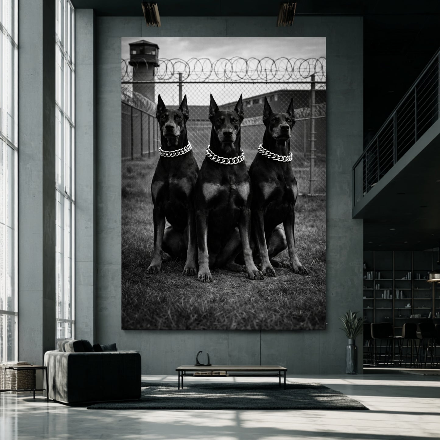 Oversized black and white Doberman wall art in modern industrial loft, large vertical guard dog canvas print