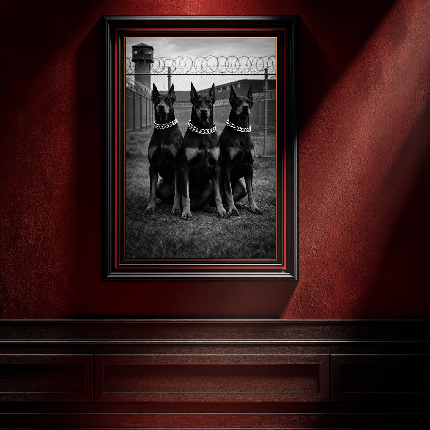 Monochrome Doberman guard dog wall art framed in black on deep red wall above wainscoting, bold masculine decor