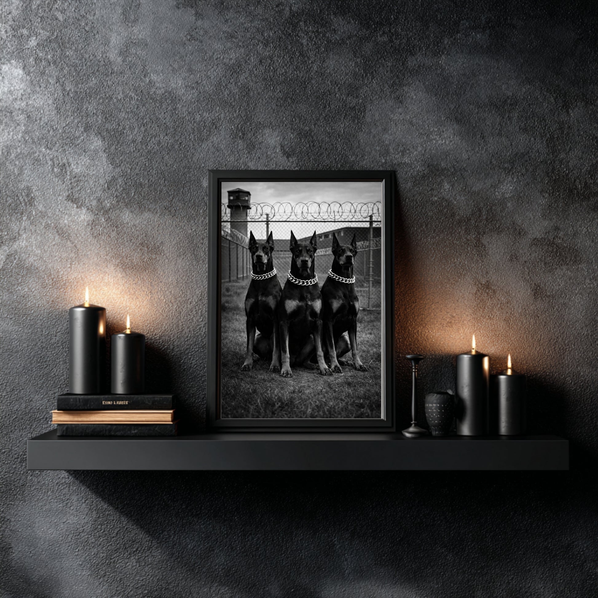 Black and white Doberman trio wall art framed on floating shelf with black candles, dramatic modern gothic wall decor